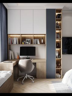 a bedroom with a bed, desk and bookshelf next to a window on the wall