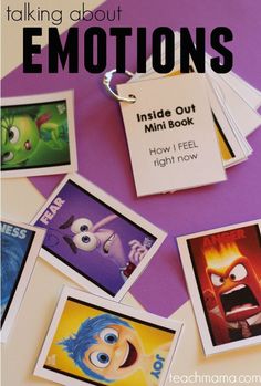 the inside out mini book has pictures of cartoon characters on it and is surrounded by tags that read, talking about emotions