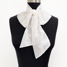 "White butterfly print, self-tie scarves in two styles, Big Bow and Classic Classic Bow. They can be worn with a collared blouse, around your neck or on your head. - BIG BOW, 4\" wide x 59\" long - CLASSIC, 2\" wide x 59\" long - Handwash only - Made in the USA - *Print position may vary SHOP MORE BOW SCARVES, https://www.etsy.com/shop/melissavelia?section_id=22443156" Elegant White Neckwear For Spring, Spring Tie-neck Scarves With Ties, Spring Tie Neck Scarves With Ties, Spring Tie Neck Scarf With Ties, White Ties Neckwear For Spring, White Neckwear With Ties For Spring, Chic Spring Tie Neck Neckwear, Ribbon Reference, Tie Scarves