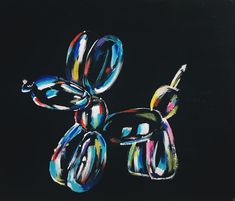 an abstract painting of three balloons on a black background