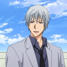 an anime man with white hair wearing a gray suit and tie in front of a blue sky