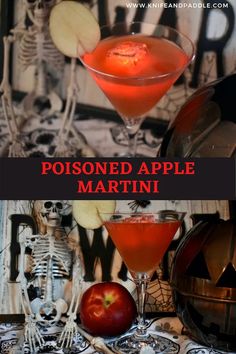 two cocktails in coupe glasses on a table with halloween decorations