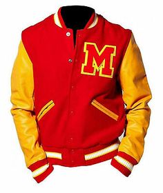 Find ideas๏ฟฝand inspiration for MJ Michael Jackson Thriller Jacket M Logo Letterman Varsity Red Yellow Jacket, Fashion Jackets Michael Jackson Thriller Jacket, Mj Thriller, Thriller Michael Jackson, Michael Jackson Jacket, Leather Sleeve Jacket, Michael Jackson Thriller, M Logo, Streetwear Mode