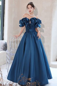 Blue Off the Shoulder A-line Satin Long Formal Dress Off-shoulder Ball Gown For Formal Occasions, Off-shoulder Satin Gala Dress, Evening Satin Finish Floor-length Ball Gown, Off-shoulder Satin Gown For Gala, Satin Finish Floor-length Evening Ball Gown, Blue A-line Satin Dress For Wedding, Satin A-line Ball Gown For Prom Season, Satin A-line Ball Gown For Prom, Elegant Satin Ball Gown Dress