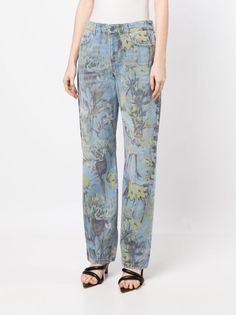 Stella McCartney Rewild Flora Denim Trousers - Farfetch Stella Mccartney Jeans, Five Points, Washed Denim, Denim Trousers, Denim Wash, Floral Motif, Stella Mccartney, Patch Logo, Mid Rise