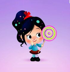 a cartoon girl holding a lollipop on a purple background with polka dot dots