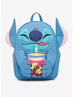 a blue backpack with a cartoon character holding a drink