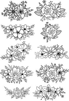 flowers and leaves drawn in black ink on white paper