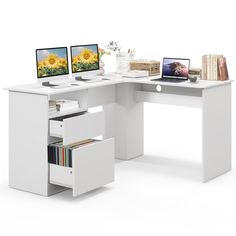 a computer desk with two computers on it and bookshelves underneath the desks