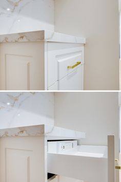 two pictures of the inside and outside of a kitchen cabinet