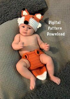 a baby wearing a crocheted fox costume laying on top of a couch with the words digital pattern downloaded above it