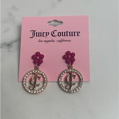 Juicy Couture Pink Flower & Round Jc Drop Earrings Cz Accents New With Tag Color: Gold Tone With Pink Flowers Style: Drop / Dangle Closure: Post Back Chic Pink Flower Earrings Gift, Chic Pink Round Earrings, Couture Earrings, Juicy Couture Earrings, Blue Gemstone Earrings, Crystal Heart Earrings, Juicy Couture Purse, Juicy Couture Charms, Juicy Couture Jewelry