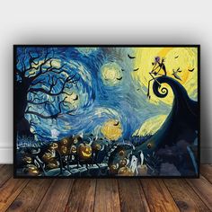 a painting on the wall with an image of a halloween scene and pumpkins in it