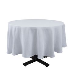 a round table with a black base and white cloth on it's top, viewed from the front