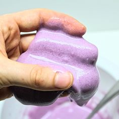 Hand holding up purple slime Taste Safe Slime, Sensory Recipes, Sands Recipe, Edible Playdough, Sensory Play Ideas