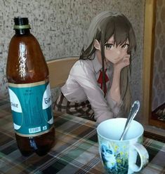 a woman sitting at a table with a cup and saucer in front of her