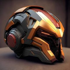 the helmet is made out of metal and has an orange, yellow and black color scheme