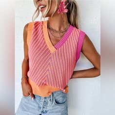 Stock Photo Shows Size Small ~ Oversized - L Will Fit An Xl Measurements Included In Photos Very Stretchy Great Summer Colors Pink Color Block V-neck Top, Trendy Ribbed V-neck Sweater Vest, Trendy Summer V-neck Sweater Vest, Trendy Pink Ribbed Sweater, Pink V-neck Knit Top, Multicolor V-neck Knit Sweater Vest, Trendy Spring Knit Sweater Vest, Trendy Knit Sweater Vest For Spring, Multicolor Knit V-neck Sweater Vest