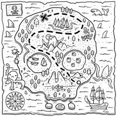 a black and white drawing of a pirate map