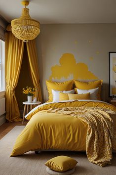 a bedroom with yellow bedding and curtains