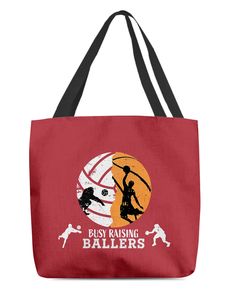 a red tote bag with an image of a basketball player and the words easy raising ballers