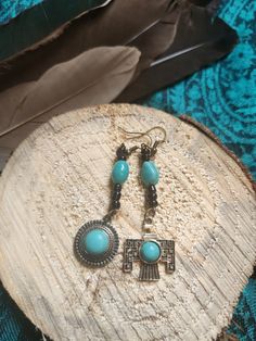 Native inspired dangle earrings with black beads and faux turquoise native american style pendants. Native American Feather Earrings, Native Anerican Earrings, Western Style Nickel-free Turquoise Earrings, Bohemian Turquoise Hand-tooled Earrings, Turquoise Southwestern Nickel-free Hoop Earrings, Native American Fashion, Black Beads, Native American, Hippie Boho