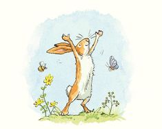 a drawing of a rabbit jumping up into the air with his arms in the air