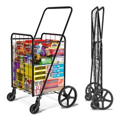 two shopping carts with wheels are shown side by side, one is full and the other half empty