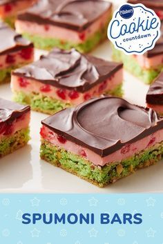 there are many different desserts on the table with words above it that read, sumoni bars