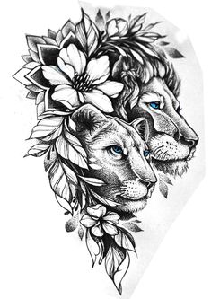 two lions with flowers on their head and one has blue eyes, the other is black