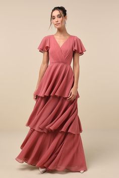 Rusty Rose Tiered Dress - Maxi Dress - Surplice Maxi Dress - Lulus Rusty Rose Bridesmaid Dress, Dusty Pink Clothes, Pink Floor Length Dress, Pink Bridesmaids Dress, Black Tie Wedding Guest Dresses, Peach Floral Dress, Business Fits, Affordable Formal Dresses, Black Wedding Guest Dresses