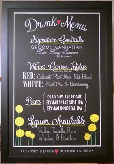 a chalkboard sign with different types of drinks on it's front and side