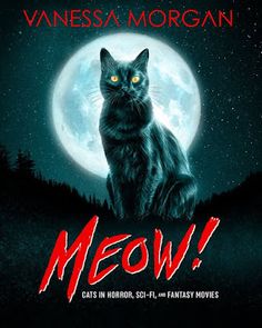 a black cat sitting in front of a full moon with the words meow written on it