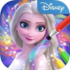 a cartoon character with long blonde hair and blue eyes holding a crayon pencil