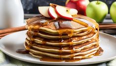 a stack of pancakes covered in caramel syrup with apples and cinnamon on the side