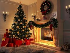 a decorated christmas tree in front of a fireplace