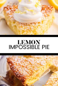 lemon impossible pie on a white plate with a fork in front of it and the words lemon impossible pie below