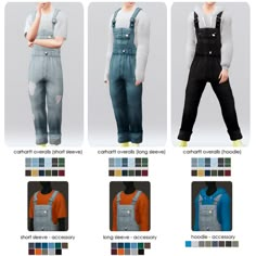 four different types of overalls and pants for the male character in the video game