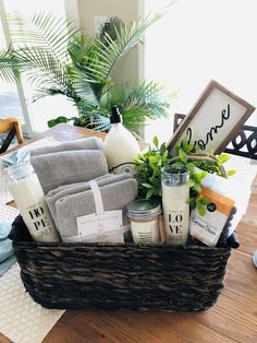 a basket filled with personal care items on top of a wooden table