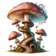 a group of mushrooms sitting on top of a lush green field with swirly trees