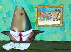 a dolphin wearing a suit and tie sitting at a desk with papers in front of him