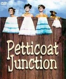 the cover of petticoat junction, with four women in dresses standing on a fence