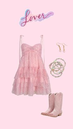 a pink dress and boots with the word love spelled above it on a pink background