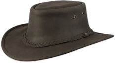 Wide Brim Leather Hats For Country Events, Leather Ranch Hat With Flat Brim, Leather Hats For Country Events In Distressed Brown, Distressed Brown Leather Hats For Country Events, Leather Distressed Brown Hats For Country Events, Country Style Leather Wide Brim Hats, Casual Leather Hats With Sweatband, Leather Hats With Curved Brim In Country Style, Brown Leather Fedora Hat