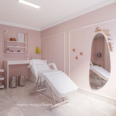 a room with pink walls and white furniture