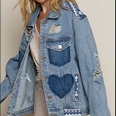 Gorgeous Pol Aztec Distressed Denim Jacket. Brand New. Runs Large. Spring Denim Outerwear With Patches, Spring Denim Jacket With Patches In Dark Wash, Bohemian Distressed Denim Outerwear, Bohemian Distressed Denim Jacket, Spring Bohemian Distressed Outerwear, Blue Spring Outerwear With Patches, Spring Blue Outerwear With Patches, Destroyed Denim Jacket, Studded Denim Jacket