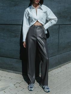 LICHI - Online fashion store :: Straight-leg vegan-leather pants Smart Casual Fall Outfits, Casual Outfits Wedding, Y2k Casual Outfits, Cozy Outfit Aesthetic, Women Smart Casual, Casual Outfits Work, Dresses Concert, Cargo Dress Pants, Fall Outfits Y2k