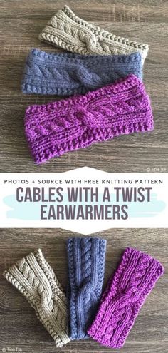 three knitted headbands with text that reads cables with a twist ear warmers