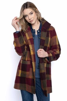 Stand Collar Plaid Jacket from Kadou Boutique. Plano Texas, Faux Leather Handbag, Plaid Coat, Leather Handbags Tote, Genuine Leather Handbag, Plaid Jacket, Plaid Design, Shopping Center, Preston