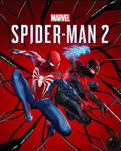 the spider - man 2 movie poster is shown in red and black with an image of two